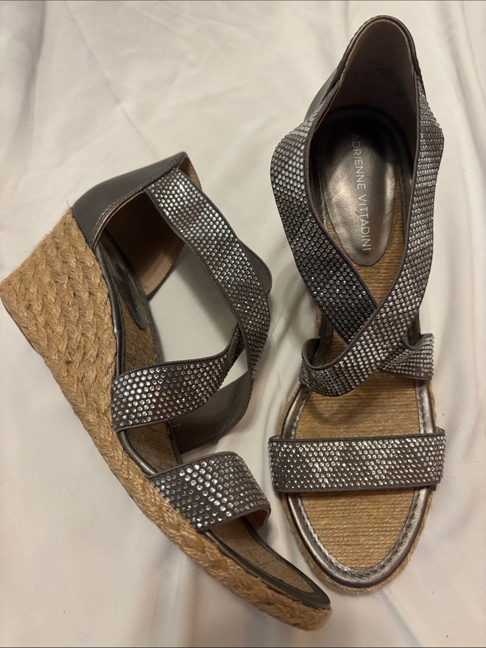 Adrienne Vittadini Metallic Pewter Rhinestone Espadrille Wedges